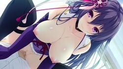 1boy bare_shoulders black_hair black_legwear blush breasts censored choker collarbone cowgirl_position dutch_angle elbow_gloves female game_cg gloves hair_ornament kamiizumi_saya kizuna_kirameku_koi_iroha large_breasts long_hair mosaic_censoring nipples nironiro penis purple_eyes purple_gloves sex skirt skirt_lift thighhighs vaginal_penetration