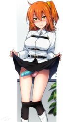 1futa ahoge balls balls_in_panties black_legwear black_skirt blush bow bow_panties breasts closed_mouth condom condom_on_penis cowboy_shot curvy erection erection_under_clothes erection_under_skirt fate/grand_order fate_(series) fujimaru_ritsuka_(female) futa_only futanari hair_between_eyes hair_ornament hair_scrunchie ikeshita_moyuko intersex large_breasts lifted_by_self long_sleeves looking_at_viewer one_side_up orange_hair panties panty_bulge pantyhose pantyhose_pull penis penis_out penis_under_clothes penis_under_skirt pink_panties scrunchie shirt skirt skirt_lift solo underwear white_shirt yellow_eyes