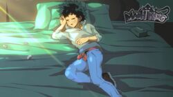 1boy after_masturbation after_orgasm animated asian asian_male bed bed_sheet boots closed_eyes clothed deku exposed_penis green_hair izuku_midoriya jeans male male_focus male_only maoh_king my_hero_academia pants_open penis pillow precum pubic_hair sleeping solo spiked_hair sweater tissue tissue_box