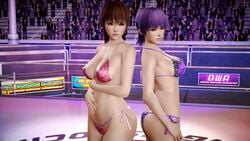 3d ass audience ayane_(doa) bikini breasts brown_hair cleavage curvy dead_or_alive height_difference hips honey_select kasumi_(doa) large_breasts long_hair navel pixiv_manga_sample purple_hair ring short_hair stomach swimsuit together