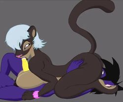 69 animated anthro anthro_on_anthro ass besped black_hair blowjob blush breasts brown_body brown_fur butt fellatio furry loop male/female mouth_bulge nipples no_sound nude paizuri penis purple_body simple_background tail video white_hair wristband yellow_penis