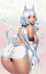 animal_ears ass back bangle bare_shoulders black_panties blush bow breasts cameltoe cat_ears cat_tail dark-skinned_female dark_skin dress elbow_gloves female female_only gloves hairbow houtengeki large_breasts long_hair looking_at_viewer low_twintails open-back_dress open_mouth original panties red_eyes sideboob silver_hair solo tail tight_dress twintails underwear very_long_hair white_gloves