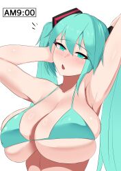 1girls 2d alternate_version_available armpits bare_shoulders big_breasts blush blush_lines bra breasts cyan_eyes cyan_hair dot_nose facing_viewer female hands_behind_head hatsune_miku long_hair looking_at_viewer nipple_bulge notice_lines noticing open_mouth shiny_hair shiny_skin shirotsume1111 simple_background slave_handles solo source surprised surprised_expression surprised_face surprised_look twintails vocaloid white_background