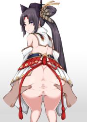 013_(hamsasuke) anus armor ass ass_grab back bangs bare_shoulders bent_over black_hair blue_eyes blush censored closed_mouth detached_collar detached_sleeves dimples_of_venus disembodied_limb fate/grand_order fate_(series) feathers female forehead_protector foreshortening from_behind gradient gradient_background hair_feathers hair_ornament hair_rings hands hat highres kneeling long_hair long_sleeves looking_at_viewer looking_back no_panties parted_bangs ponytail pussy red_ribbon ribbon sidelocks skirt solo_focus spread_ass standing tassel thighs ushiwakamaru_(fate/grand_order) white_skirt