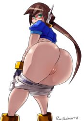 1girls aile anus ass brown_hair capcom female from_below green_eyes looking_at_viewer mega_man mega_man_zx_advent ponytail pussy radlionheart