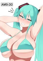 1girls 2d alternate_version_available angry angry_expression angry_face armpits bare_shoulders big_breasts blush blush_lines bra breasts cyan_eyes cyan_hair dot_nose facing_viewer female gritted_teeth gritting_teeth hands_behind_head hatsune_miku long_hair looking_at_viewer nipple_bulge open_mouth shiny_hair shiny_skin shirotsume1111 simple_background slave_handles solo source twintails vocaloid white_background