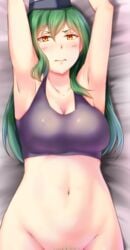 armpits arms_up blush breasts crusch_karsten female green_hair long_hair navel painpainter pale-skinned_female pubic_hair re:zero_kara_hajimeru_isekai_seikatsu solo tank_top yellow_eyes