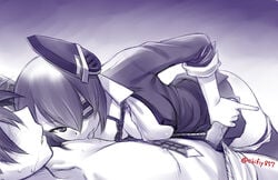 blue blush breasts cowgirl_position dress ebifly eyepatch fingernails handjob headgear kantai_collection large_breasts licking long_sleeves looking_at_another lying monochrome necktie nipple_licking nipples on_back on_person on_stomach one_eye_covered panties panties_around_leg penis pinky_out shirtless short_hair sweat tenryuu_(kantai_collection) tongue tongue_out twitter_username underwear