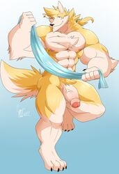 2017 5_fingers abs absurd_res anthro biceps big_biceps big_muscles big_pecs canine daikitei digital_media_(artwork) fur hi_res looking_at_viewer male male_only mammal muscular muscular_male nipples pecs penis simple_background wolf