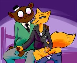 2boys angus_(nitw) anthro bed blush canine clothed clothing cute duo eyewear fangs fedora fox gay glasses gregg_(nitw) handjob hat imminent_sex inside jacket leather leather_jacket looking_at_another male male_only mammal necktie night_in_the_woods nontoxo pants pants_down penis sex sharp_teeth sitting sweater teeth top_hat undershirt undressing yaoi