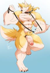 2017 5_fingers abs absurd_res anthro biceps big_biceps big_muscles big_pecs canine daikitei digital_media_(artwork) fur hi_res leash looking_at_viewer male male_only mammal muscular muscular_male nipples pecs penis simple_background wolf