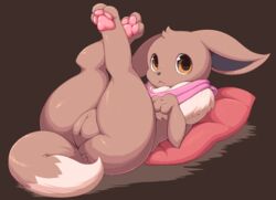 ass brown_eyes brown_fur cute eevee fan_character female feral fur furry furry_only legs_up lying naked nintendo nude on_back pata pawpads paws pillow pokémon_(species) pokemon presenting presenting_pussy pussy scarf sierra_the_eevee solo tail video_games