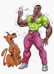 1boy 2014 bara bulge clothed dark_skin domestic_dog fully_clothed gay green_shirt hanna-barbera laboratory_glassware male male_only muscular nipples_visible_through_clothing scooby-doo scooby-doo_(character) shaggy_rogers shaking_lines simple_background siproites tagme tight_clothing traditional_media transformation what white_background