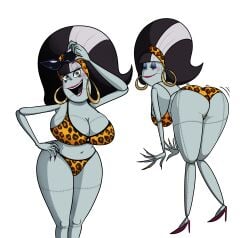 hotel_transylvania sony_pictures_animation eunice_stein 1girls female female_only female_focus solo solo_focus solo_female monster monster_girl mature_female mature standing voluptuous voluptuous_female long_hair looking_at_viewer smile smiling smiling_at_viewer open_mouth swimsuit swimwear long_nails belly breasts big_breasts large_breasts huge_breasts thick_thighs thighs wide_hips hips ass butt big_ass big_butt large_ass large_butt twerking twerking_at_viewer ass_shaking impstripe white_background glasses earrings back_view rear_view hand_on_hip lipstick leopard_print leopard_print_bikini fat_ass