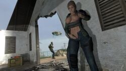 1girls 1male 3d 3d_(artwork) absurd_resolution against_wall artist_request beanie belly body_armor brown_eyes cleavage combine_gunship enormous_breasts erect_nipples half-life_(series) half-life_2 happy_female high_resolution highres holding_gun huge_breasts jeans mature_woman navel source_filmmaker source_request tagme tomboyish undressing undressing_self unnamed_characters unzipped_jeans
