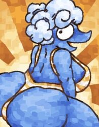 1girl 1girls ass ass_focus big_ass big_breasts big_butt blue_body blue_skin breasts butt butt_focus deltarune deltarune_chapter_3 elnina_(deltarune) female female_only hair huge_breasts humanoid looking_at_viewer looking_back no_artist_signature one-piece_swimsuit open_mouth rear_view scaliescum solo solo_female white_hair wide_eyed yellow_background