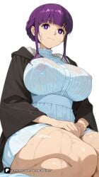1girl ai_generated artist_name bangs blunt_bangs braid breasts covered_nipples dress fern_(sousou_no_frieren) frieren_beyond_journey's_end huge_breasts large_breasts looking_at_viewer patreon purple_eyes purple_hair questionable see-through seiza senpai_pixels sidelocks simple_background sitting smile solo sousou_no_frieren sweat thighs wet wet_clothes white_background