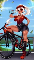 minneapolis_(azur_lane) tan_skin tan_body tattoos cycling biker_clothes bike_shorts cleats high_heels lake cleavage grin muscular thick_thighs medium_breasts white_hair azur_lane nenerhea outdoors