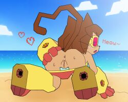 2026 all_fours anthro anus beach bodily_fluids brown_body brown_fur brown_hair butt clothing clothing_aside cloud digital_drawing_(artwork) digital_media_(artwork) domestic_cat eyewear felid feline felis female female_only fur gameoverse genitals glitch_productions goggles hair hand_on_butt heart_symbol heart_tail hi_res kit_(gameoverse) looking_at_viewer looking_back looking_back_at_viewer mammal open_mouth panties panties_aside sand sea sirsmol sirsmolnsfw solo spread_butt spreading sweat tail underwear underwear_aside vulva water