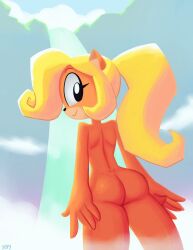1girl ass solo smile blonde_hair furry long_hair furry_female nude ponytail closed_mouth from_behind completely_nude standing body_fur arms_at_sides looking_at_viewer back signature artist_name looking_back outdoors day sidelocks black_eyes animal_ears sky cloud cowboy_shot animal_nose waterfall happy orange_fur yopy coco_bandicoot crash_(series)