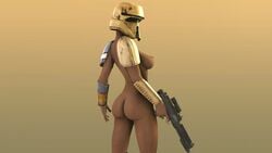 1girls 3d armor ass back background brown_background brown_skin dark-skinned_female dark_skin e-11_blaster_rifle faceless_character faceless_female female female_only female_stormtrooper headgear helmet holding_gun holding_weapon human human_only nude nude_female nudity partially_clothed pinup pose ranged_weapon rear_view rogue_one:_a_star_wars_story rosafelix shoretrooper simple_background solo source_filmmaker standing star_wars stormtrooper vambraces yellow_background