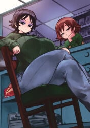 2girls :/ absurdres alternate_body_size alternate_breast_size_(larger) bag_of_chips big_breasts black_eyes black_hair breasts brown_hair ceiling_light chair commentary_request crossed_legs curvy dvd_case eyeshadow female female_only freckles from_below green_sweater grumpy head_rest highres hollie_hawkes huge_breasts indoors kim_pine kyuugata light-skinned_female light_skin looking_at_viewer makeup multiple_girls nail_polish narrowed_eyes parted_bangs purple_eyeshadow scott_pilgrim scott_pilgrim_(series) scott_pilgrim_takes_off shelf shop short_hair sweater swept_bangs thick_thighs thighs wavy_hair