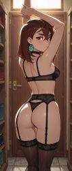 1girl ai_generated arms_up ass ayase_momo back bangs black_bra black_choker black_panties black_thighhighs blush bra breasts brokewyt brown_eyes brown_hair cheating choker closed_mouth cuckold dandadan earrings feet_out_of_frame female female_only from_behind garter_belt hair_between_eyes indoors jewelry lace lace-trimmed_legwear lace_bra lace_trim lingerie looking_at_viewer looking_back medium_breasts medium_hair momo_ayase panties patreon_username solo standing thigh_gap thighhighs thighs thong uncensored underwear underwear_only