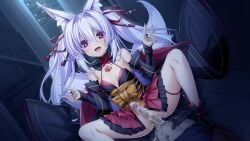 1boy 1girl :d after_sex after_vaginal aged_down animal_ear_fluff animal_ears bare_shoulders black_sleeves blush breasts bright_pupils censored cleavage corruption cum cum_in_pussy dark_persona detached_sleeves double_fox_shadow_puppet dutch_angle fox_ears fox_girl fox_shadow_puppet fox_tail game_asset girl_on_top hair_between_eyes hair_intakes hair_ribbon hetero indoors inoino japanese_clothes katsuragi_marina katsuragi_marina_(exs-tia_p) kimono kouyoku_senki_exs-tia long_hair long_sleeves looking_at_viewer miniskirt mosaic_censoring non-web_source official_art open_mouth penis pink_eyes pov red_eyes red_ribbon red_skirt ribbon self-datamine skirt small_breasts smile solo_focus spread_legs squatting tail tattoo thigh_strap twintails variant_set very_long_hair visual_novel_cg white_hair white_pupils wide_sleeves youko_marina