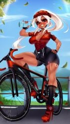 minneapolis_(azur_lane) tan_skin tan_body tattoos cycling biker_clothes bike_shorts cleats high_heels lake muscular thick_thighs medium_breasts white_hair azur_lane nenerhea outdoors futanari futa_only vibrator vibrator_under_clothes vibrator_in_pussy bike cleavage cock_outline cock_under_clothes