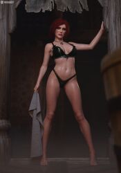 missally 3d cd_projekt_red the_witcher_(series) the_witcher_3:_wild_hunt triss_merigold red_hair freckles freckles_on_face mascara female light_skin light-skinned_female solo solo_female looking_at_viewer lingerie bra breasts panties necklace freckles_on_breasts towel wet_body 1girls