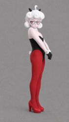 1girls ai_assisted ai_generated bunny_girl bunnysuit demon demon_girl demon_horns elfinmask facing_viewer female female_only glasses helltaker pandemonica_(helltaker) red_eyes red_high_heels red_stockings simple_background white_hair
