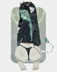 1girls ass ass_focus black_clothing cow_girl creepy crelly feet female female_only glowing_eyes green_hair horns indie_virtual_youtuber kneeling localpervert mold nun praying runny_makeup tail virtual_youtuber
