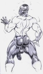 1boy 2014 ass balls bara big_ass big_penis dark_skin flaccid foreskin gay looking_back male male_only mohawk_(hairstyle) monochrome muscular original penis simple_background siproites solo surprised traditional_media uncircumcised white_background