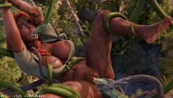 1girl 3d 3d_(artwork) 3d_render blender breasts brown_hair commission dark-skinned_female dark_skin dendrophilia interspecies jungle jungle_background korra_amari legs_spread monster monster_on_female net_stockings nipple_piercing nipples nose_piercing oc original_character t-shirt tattoo tattooed_arm tentacle tentacle_in_mouth tentacle_sex