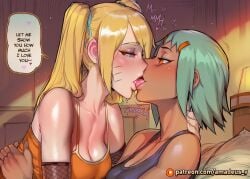 2girls ai_generated amadeus_v athletic bed bedroom blonde_hair blue_eyes blush clothes curvy dark_skin embrace evening eye_contact eyes_closed french_kiss fuu_(naruto) green_hair hand_on_another's_back hand_on_another's_neck loving medium_breasts naruto_(series) orange_eyes profile short_hair tongue_out twintails uzumaki_naruko warm_lighting whisker_markings