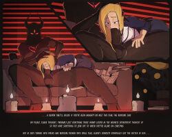 1futa 1girls blonde_hair blowjob demon_futa fellatio female futa_on_female futanari light-skinned_female light_skin long_hair oral oral_penetration oral_sex text travendraws uncensored