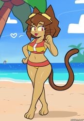 3_toes 4_fingers absurd_res anthro beach blackmore blep clothing domestic_cat eyewear eyewear_on_head feet felid feline felis female fingers flappers_(gameoverse) gameoverse glitch_productions goggles goggles_on_head hi_res kit_(gameoverse) mammal navel sea solo surprised swimwear tail toes tongue tongue_out water whiskers