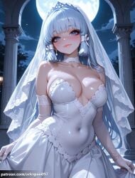 ai_generated arlequin097 kamisato_ayaka genshin_impact mihoyo 1girl solo long_hair breasts looking_at_viewer blush smile blue_eyes large_breasts hair_ornament gloves dress closed_mouth cleavage jewelry bare_shoulders blue_hair collarbone white_hair sidelocks outdoors cowboy_shot earrings sky alternate_costume choker elbow_gloves white_gloves blunt_bangs white_dress mole lips strapless mole_under_eye covered_navel night moon tiara night_sky veil strapless_dress full_moon light_blue_hair tress_ribbon skirt_hold wedding_dress bridal_veil white_choker pillar bride moonlight lace-trimmed_dress arch blunt_tresses huge_moon
