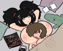 1boy 1boy1girl 1female 1girl 1girls 2d 2d_(artwork) after_sex areolae asian asian_bimbo asian_female bed bedroom big_breasts bimbo black_hair blanket breasts brown_hair brown_hair_male color couple couple_focus crocodile darktide digital_drawing_(artwork) digital_media_(artwork) female freckels glasses hands_behind_head headgear headphones headwear hira.shotgun huge_breasts inverted_nipples kimchi_(hira.shotgun) large_breasts light-skinned_female light_skin nerd nerd_(hira.shotgun) oc on_bed original original_character phone pillow plushie post_sex short_hair sleep sleeping_on_breasts twintails