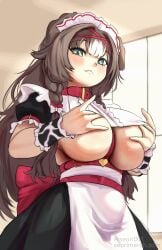 1girl 1girls :< absurdres animal_collar animal_ears apron aqua_eyes back_bow belt bibi_biscuit big_breasts black_skirt blush bow braid braided_sidelocks breasts brown_hair closed_mouth clothing_cutout collar commentary cowboy_shot dog_ears dog_girl double-parted_bangs ears_down english_commentary female frilled_hairband frilled_wrist_cuffs frills hair_bow hairband hand_under_clothes hands_on_own_chest highres indoors large_breasts long_hair looking_at_viewer maid maid_headdress multicolored_hair phase_connect red_bow red_collar seori091 sidelocks skirt solo streaked_hair tits twitter_username underboob underboob_cutout veins veiny_breasts virtual_youtuber vtuber white_bow white_hair wrist_cuffs