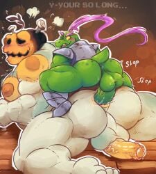 gerson_boom jackenstein deltarune_chapter_4 deltarune toby_fox 2boys male/male male_only male anthro monster humanoid smaller_male size_difference small_dom_big_sub big_butt big_ass anal_sex penetration gay sex nude from_behind erection looking_back blushing blush dialogue text english_text galrock