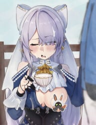 1boy 1girl absurdres bangboo_(zenless_zone_zero) blue_dress breasts censored character_censor commentary_request cum cum_on_body cum_on_hair cup dress eous_(zenless_zone_zero) facial hetero highres holding holding_cup large_breasts long_hair mochimitsu_82 novelty_censor one_breast_out one_eye_closed pointy_ears purple_eyes solo_focus teacup velina_airgid white_hair zenless_zone_zero