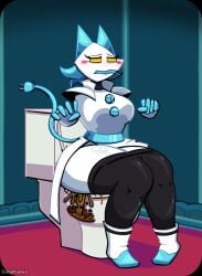 5_fingers anthro black_bottomwear black_clothing black_pants blue_body blue_buttons blue_ears blue_fingers bottomwear bottomwear_down butt cheek_spots clothed clothing cord_tail darkner deltarune diarrhea empty_eyes english_text explosive_diarrhea feces feces_blowout feces_in_toilet felid feline female fingers floating_hands footwear glistening glistening_body hi_res machine mammal metal_clothing metallic_body multicolored_body pants pants_down partially_clothed pooping_in_toilet robot scat scat_fetish shoes sillynamie solo tasque_manager tasque_manager_(deltarune) text toilet toilet_bowl toilet_lid toilet_seat toilet_use two_tone_body undertale_(series) white_body x-ray_view