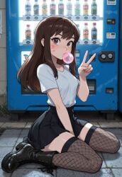 1girl ai_generated bangs between_legs black_footwear black_skirt blush boots breasts brokewyt brown_eyes brown_hair bubble_blowing can cheating chewing_gum cuckold d.va facial_mark female female_only fishnet_thighhighs fishnets fortnite hand_between_legs long_hair looking_at_viewer outdoors overwatch pleated_skirt shirt short_sleeves sitting skirt solo thighhighs uncensored v vending_machine wariza whisker_markings white_shirt zettai_ryouiki