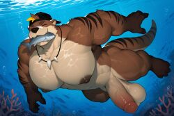 4_toes ai_generated anthro backwards_baseball_cap backwards_hat balls bandage bandage_on_face bandage_on_nose barazoku baseball_cap big_balls big_muscles big_pecs big_penis blonde_highlights brown_body brown_hair claws clothing cute_fangs dark_nipples eyes_closed fangs feet finger_claws fingers fish_in_mouth fur furry furry_male furry_only genitals glans hair happy hat headgear headwear hi_res highlights_(coloring) huge_balls huge_muscles huge_penis humanoid_genitalia humanoid_penis male mammal multicolored_body multicolored_fur muscular muscular_anthro mustelid nude otter pecs penis saggy_balls smile solo striped_body stripes swimming tail teeth thick_tail toe_claws toes tooth_necklace underwear vein veiny_penis