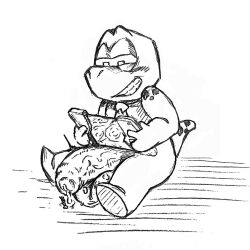 1:1 2026 anthro balls big_balls big_penis biped blush bodily_fluids dinosaur gameoverse genital_fluids genitals glitch_productions gobbles_(gameoverse) hi_res male male_only monochrome penis precum prehistoric_species reptile scalie sitting slimdarkarts slimpix smile solo solo_male