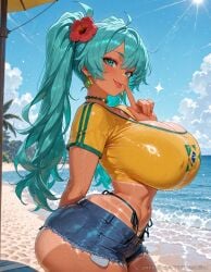 1girl :p ai_generated ass beach bikini bikini_under_clothes blonde_hair blue_flower blue_skin breasts brown_shorts choker colored_skin colored_tongue covered_nipples earrings female female_only finger_to_mouth flower green_eyes hair_flower hair_ornament hatsune_miku huge_breasts jewelry long_hair looking_at_viewer navel necklace ocean outdoors palm_tree panty_straps shirt short_shorts shorts sky solo sun swimsuit thong tongue tongue_out trinity_vermilion twintails water wet yellow_eyes