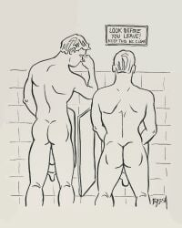 ass eric_lesh gay male male_only monochrome original peeing peeing_in_urinal tagme traditional_media urinal urinal_peeking urine_pool