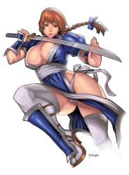 1girls big_breasts blue_dress breasts breasts_out brown_eyes brown_hair dead_or_alive dress elizabeth_torque exposed_breasts female japanese_clothes kasumi_(doa) kunoichi large_breasts long_hair ninja panties pantyshot pantyshot_(standing) ponytail sword thighhighs underwear upskirt white_panties white_thighhighs white_underwear