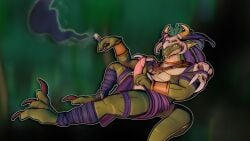 16:9 3d_(artwork) accessory anthro bone briganfi digital_media_(artwork) feathers genitals hi_res lihzahrd looking_at_viewer male muscular muscular_anthro muscular_male outline reptile scalie smile smiling_at_viewer smoking solo terraria tongue tongue_out tribal tribal_clothing widescreen witch_doctor_(terraria)
